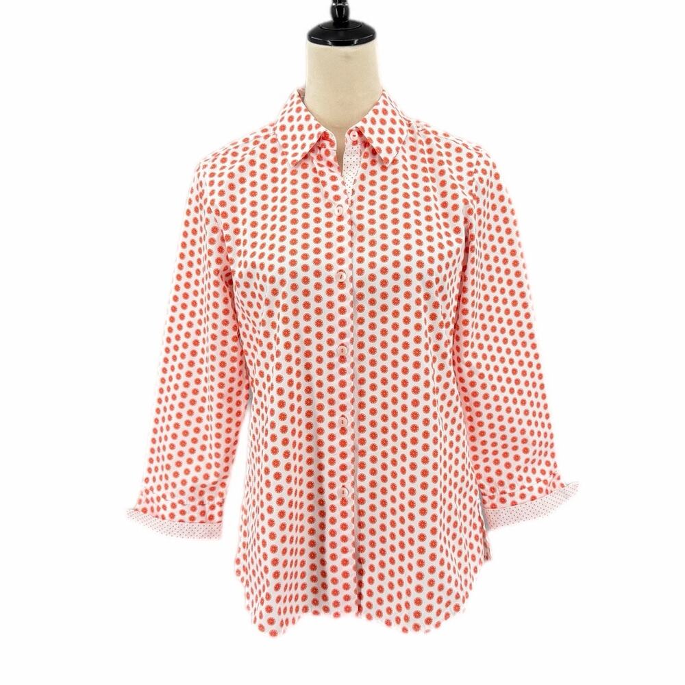 Foxcroft White Orange Citrus Structured Collared Button Up Preppy Blouse Top